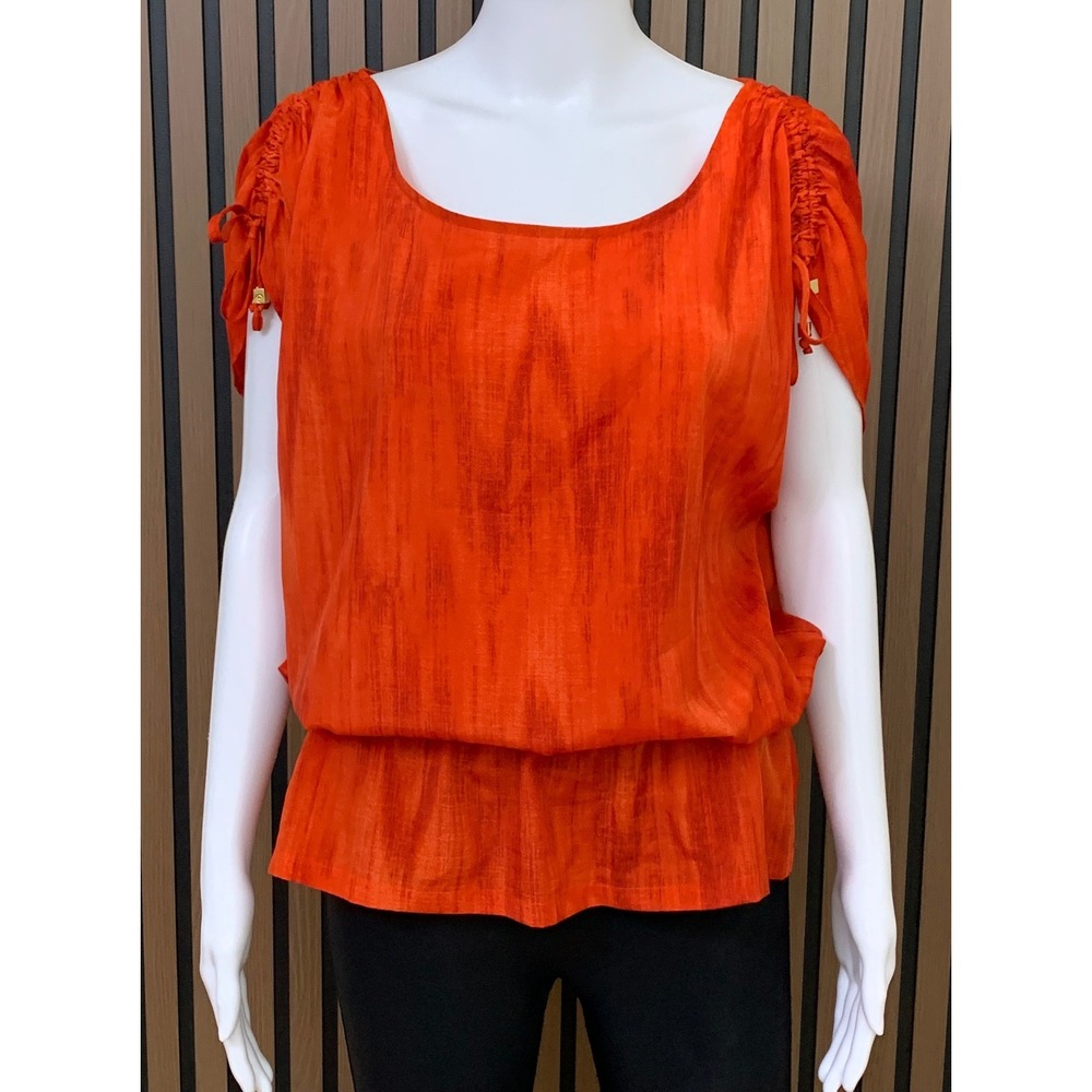 Michael Kors Orange Ruched Sleeve Peplum Blouse Top Large Gold Hardware